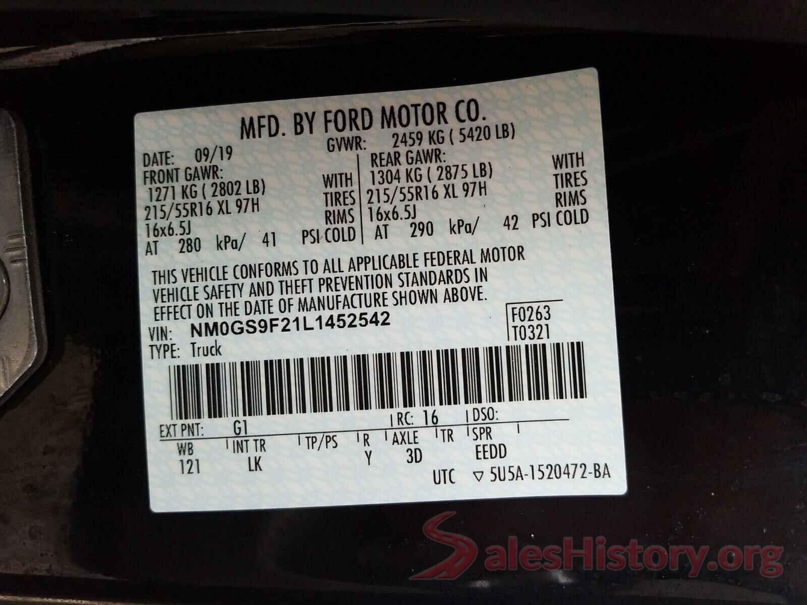 NM0GS9F21L1452542 2020 FORD TRANSIT CO