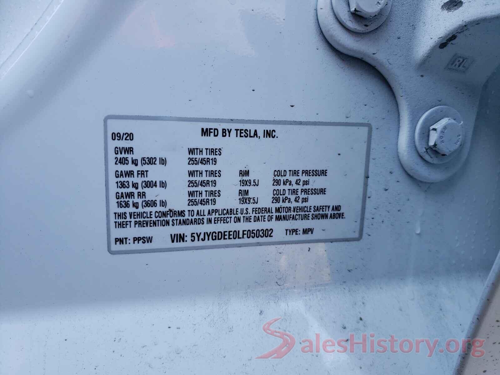 5YJYGDEE0LF050302 2020 TESLA MODEL Y