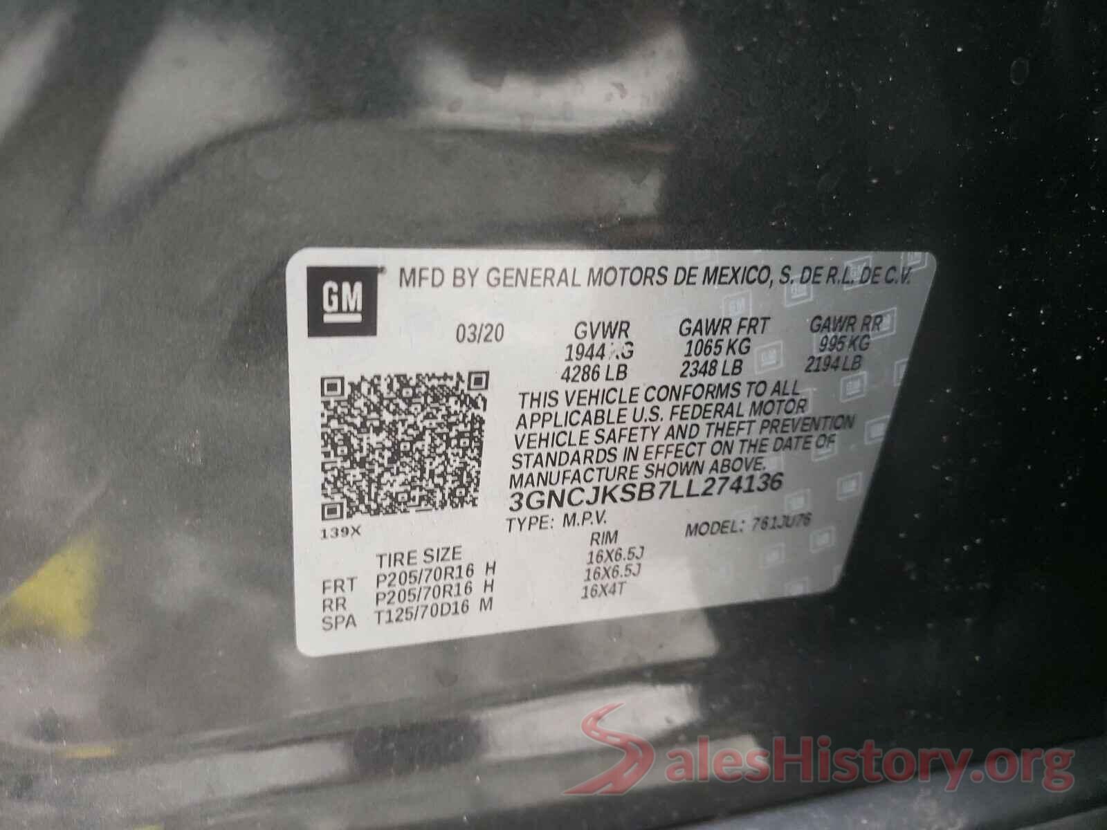 3GNCJKSB7LL274136 2020 CHEVROLET TRAX