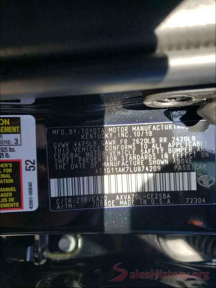 4T1G11AK7LU874209 2020 TOYOTA CAMRY