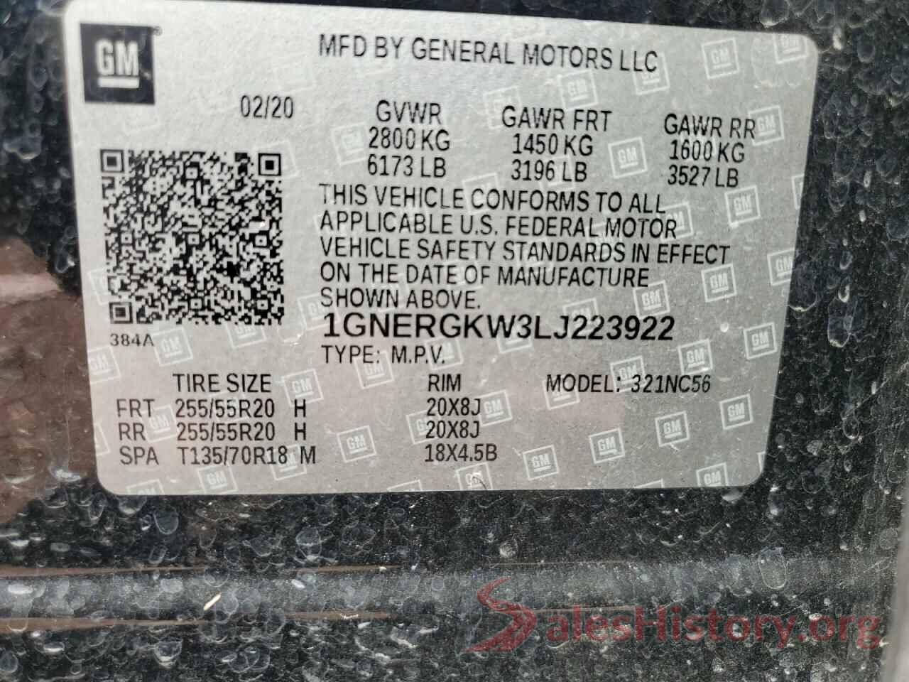 1GNERGKW3LJ223922 2020 CHEVROLET TRAVERSE