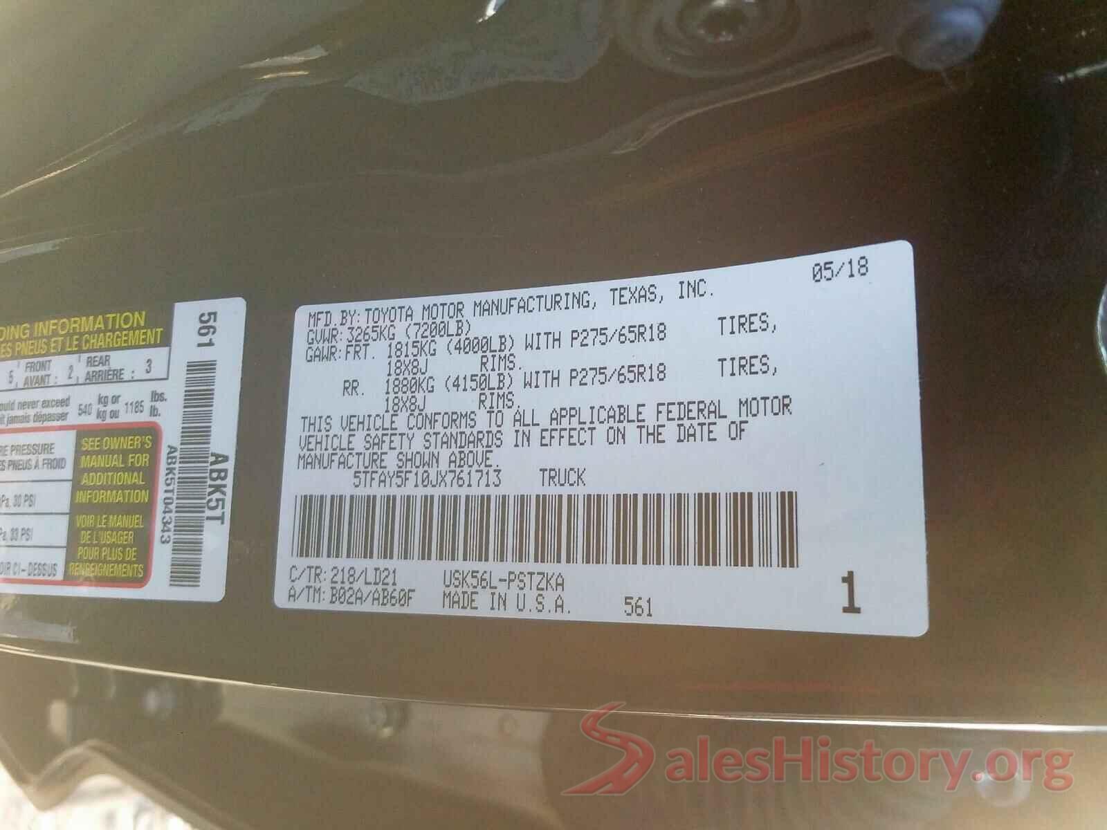 5TFAY5F10JX761713 2018 TOYOTA TUNDRA