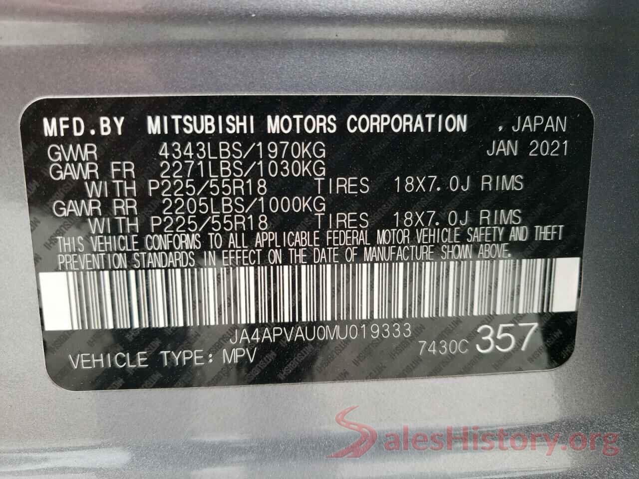 JA4APVAU0MU019333 2021 MITSUBISHI OUTLANDER