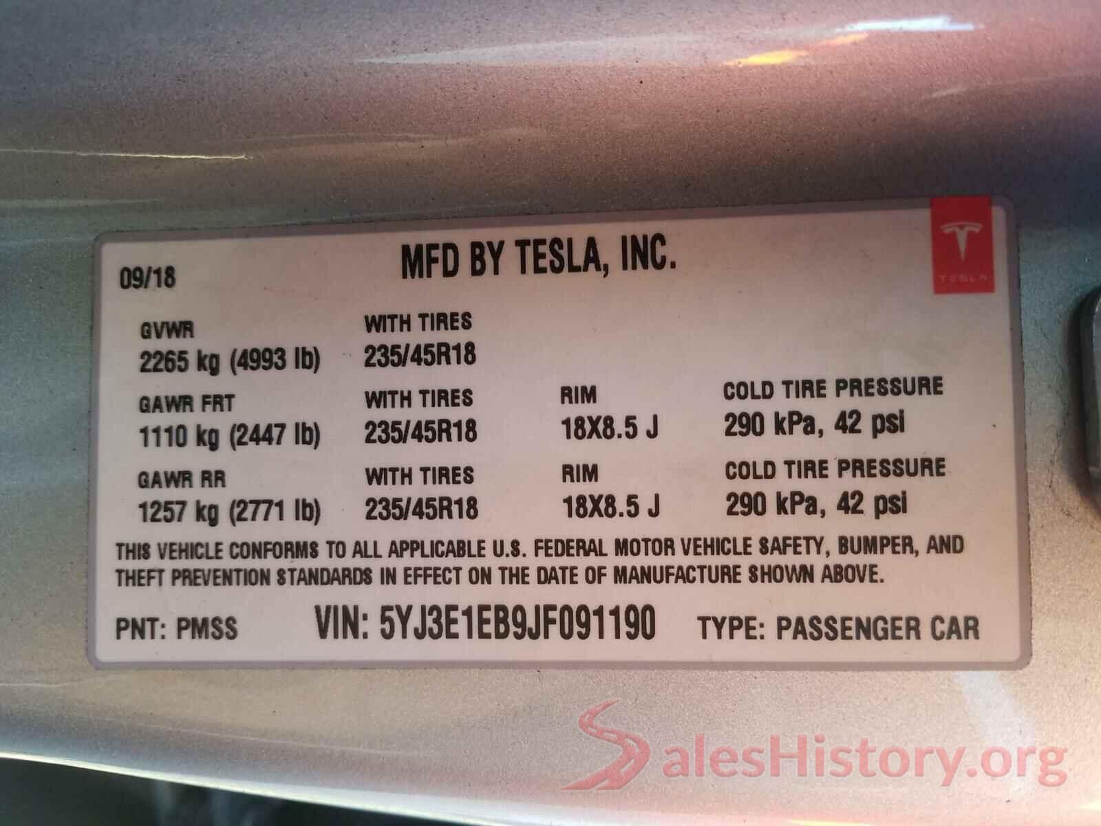 5YJ3E1EB9JF091190 2018 TESLA MODEL 3