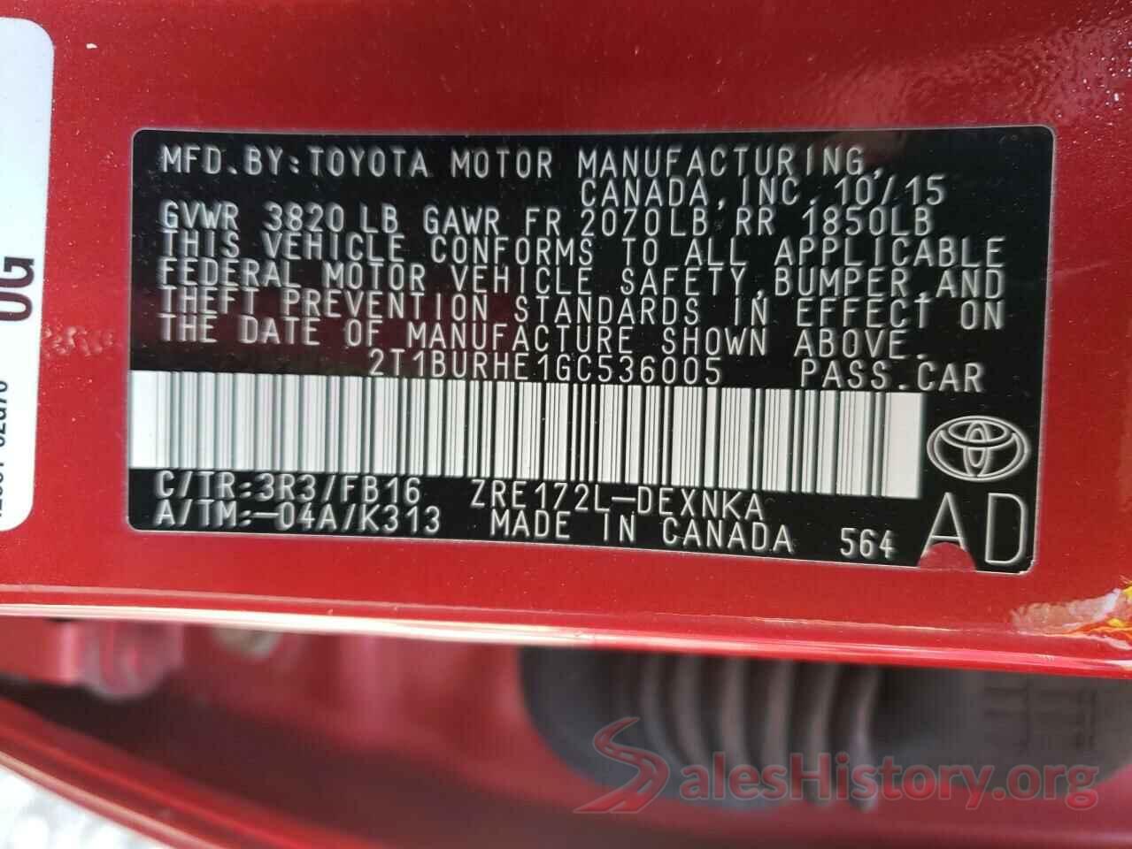 2T1BURHE1GC536005 2016 TOYOTA COROLLA