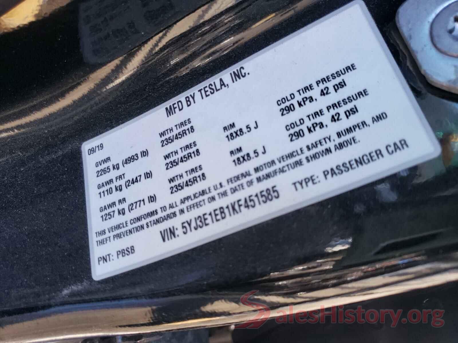 5YJ3E1EB1KF451585 2019 TESLA MODEL 3