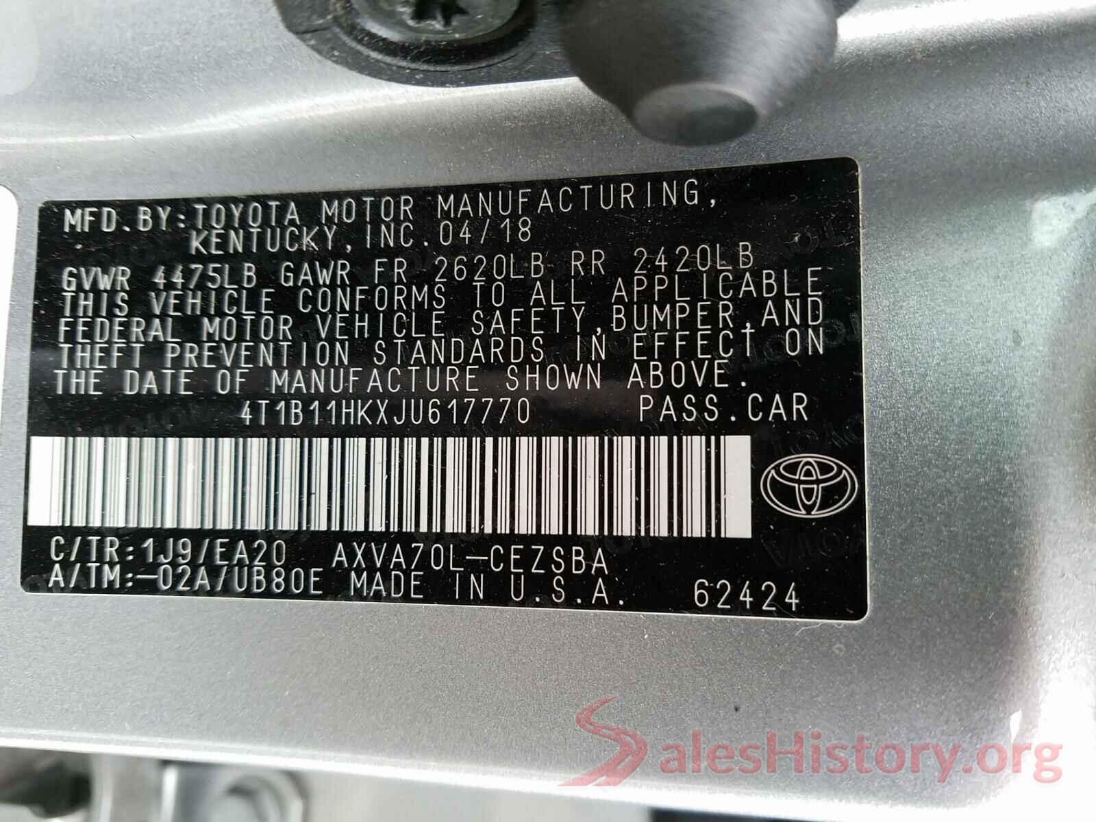 4T1B11HKXJU617770 2018 TOYOTA CAMRY