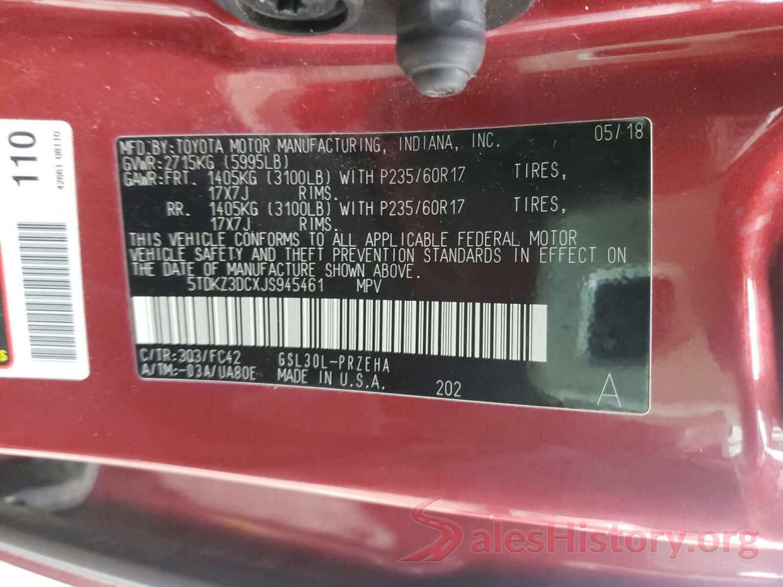 5TDKZ3DCXJS945461 2018 TOYOTA SIENNA