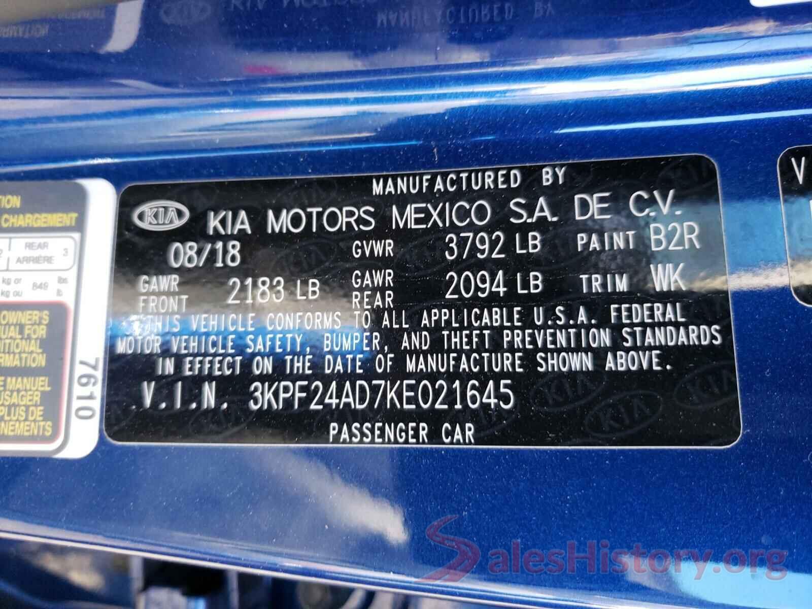 3KPF24AD7KE021645 2019 KIA FORTE