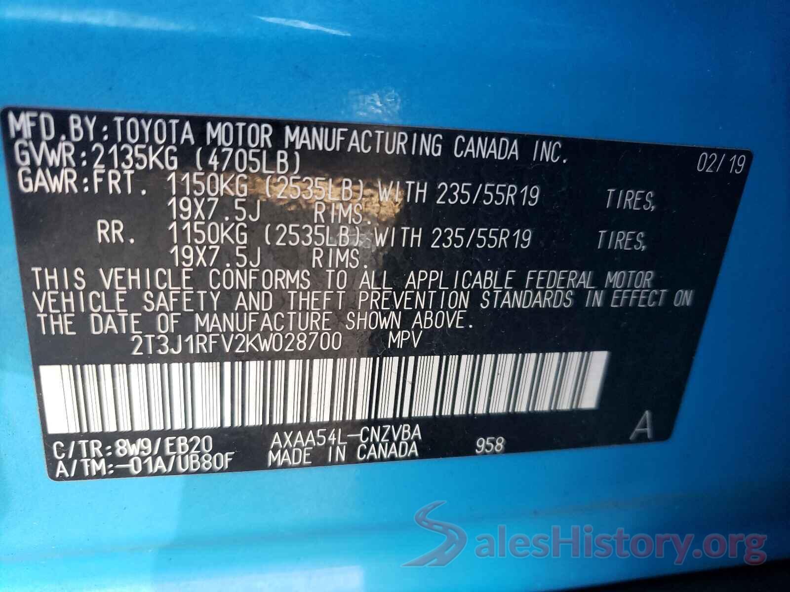 2T3J1RFV2KW028700 2019 TOYOTA RAV4