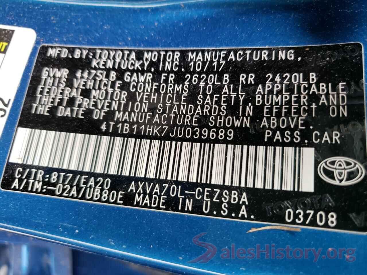 4T1B11HK7JU039689 2018 TOYOTA CAMRY