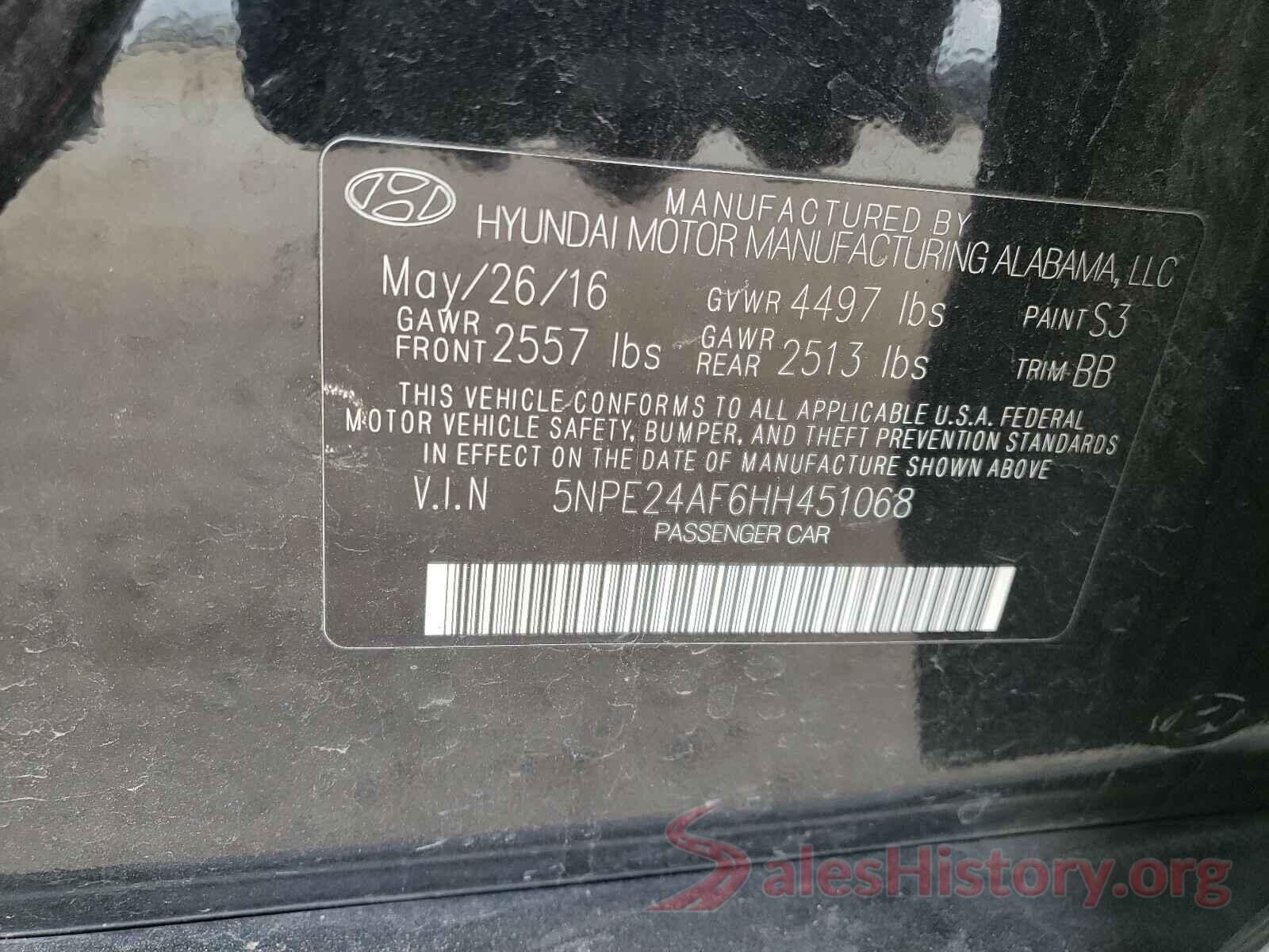 5NPE24AF6HH451068 2017 HYUNDAI SONATA