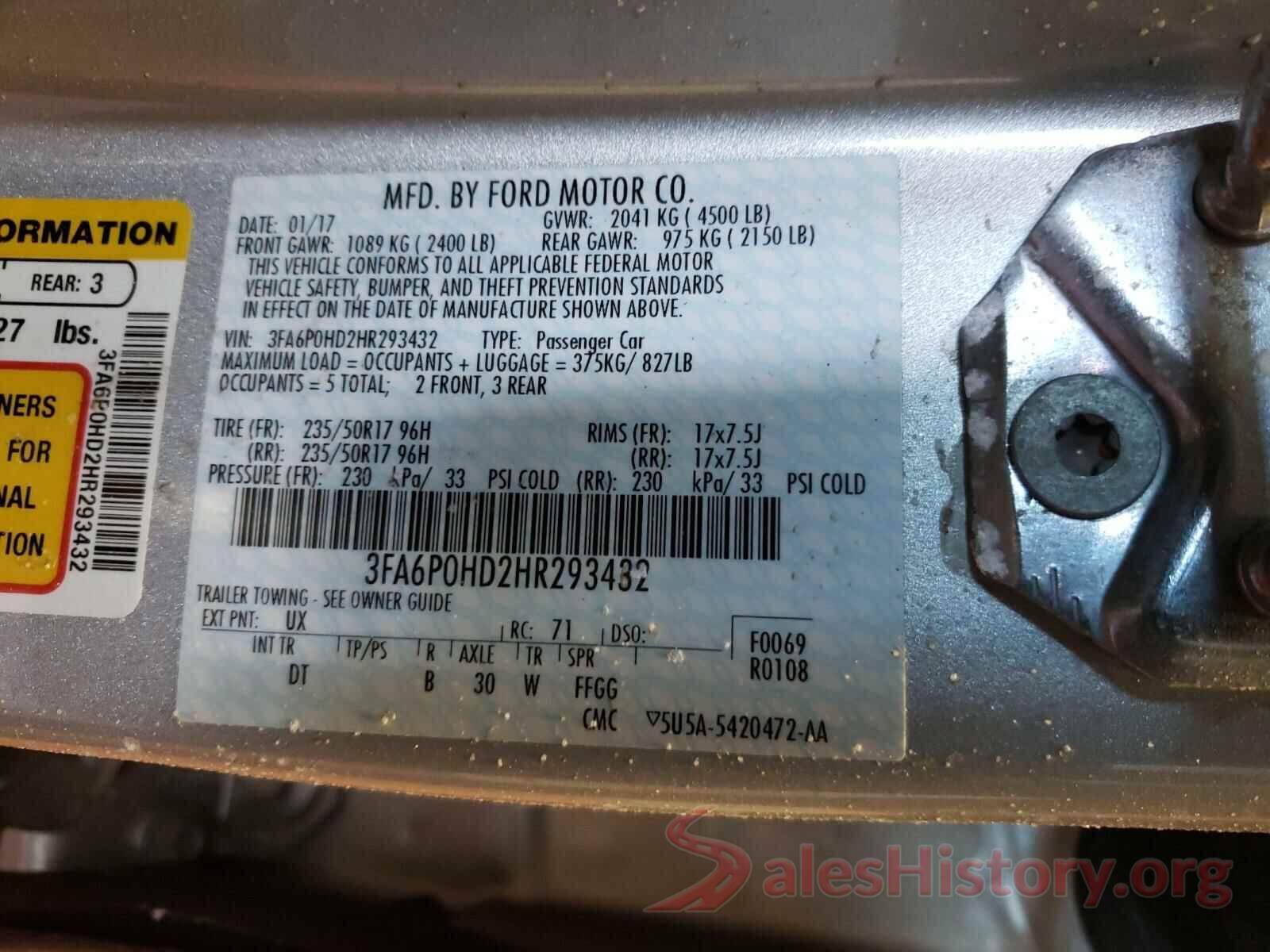 3FA6P0HD2HR293432 2017 FORD FUSION