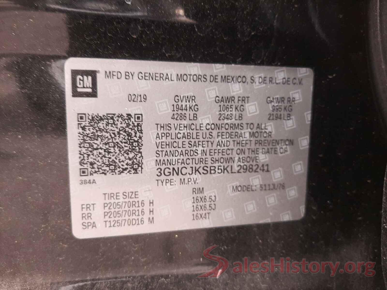 3GNCJKSB5KL298241 2019 CHEVROLET TRAX