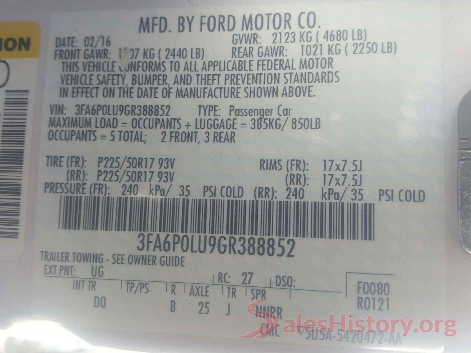 3FA6P0LU9GR388852 2016 FORD FUSION