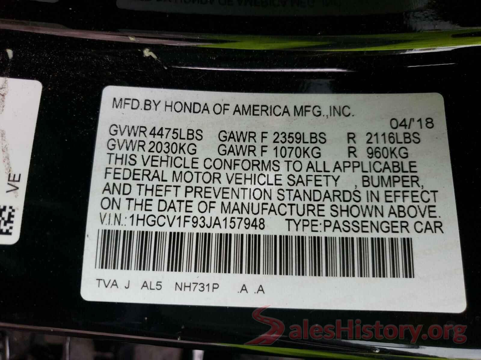 1HGCV1F93JA157948 2018 HONDA ACCORD