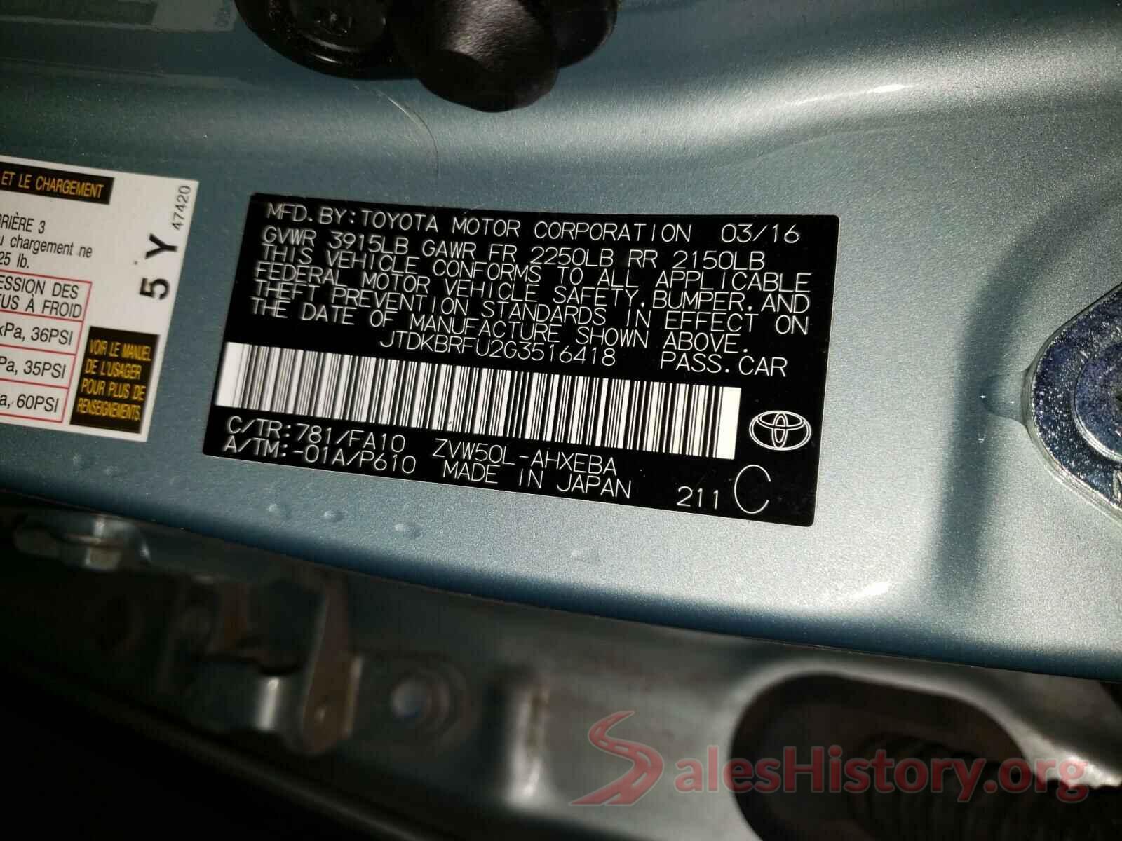 JTDKBRFU2G3516418 2016 TOYOTA PRIUS