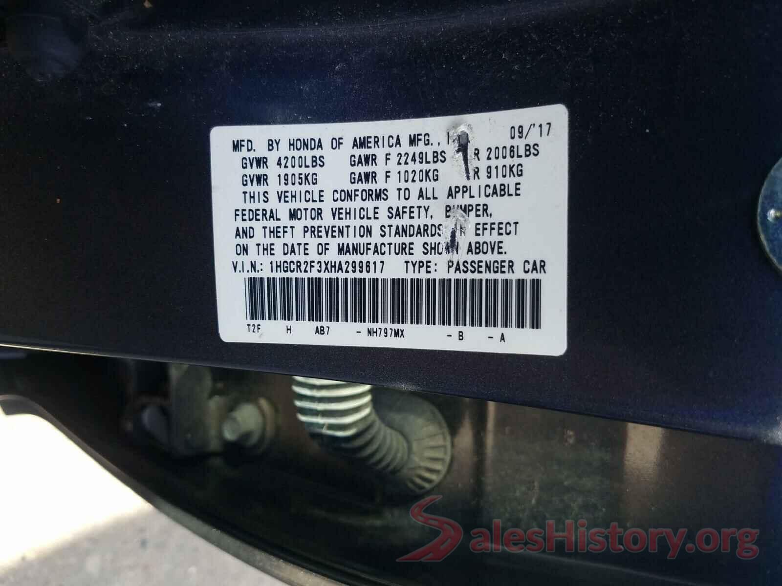 1HGCR2F3XHA299617 2017 HONDA ACCORD