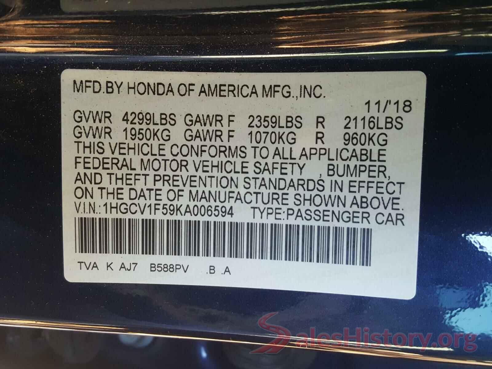 1HGCV1F59KA006594 2019 HONDA ACCORD