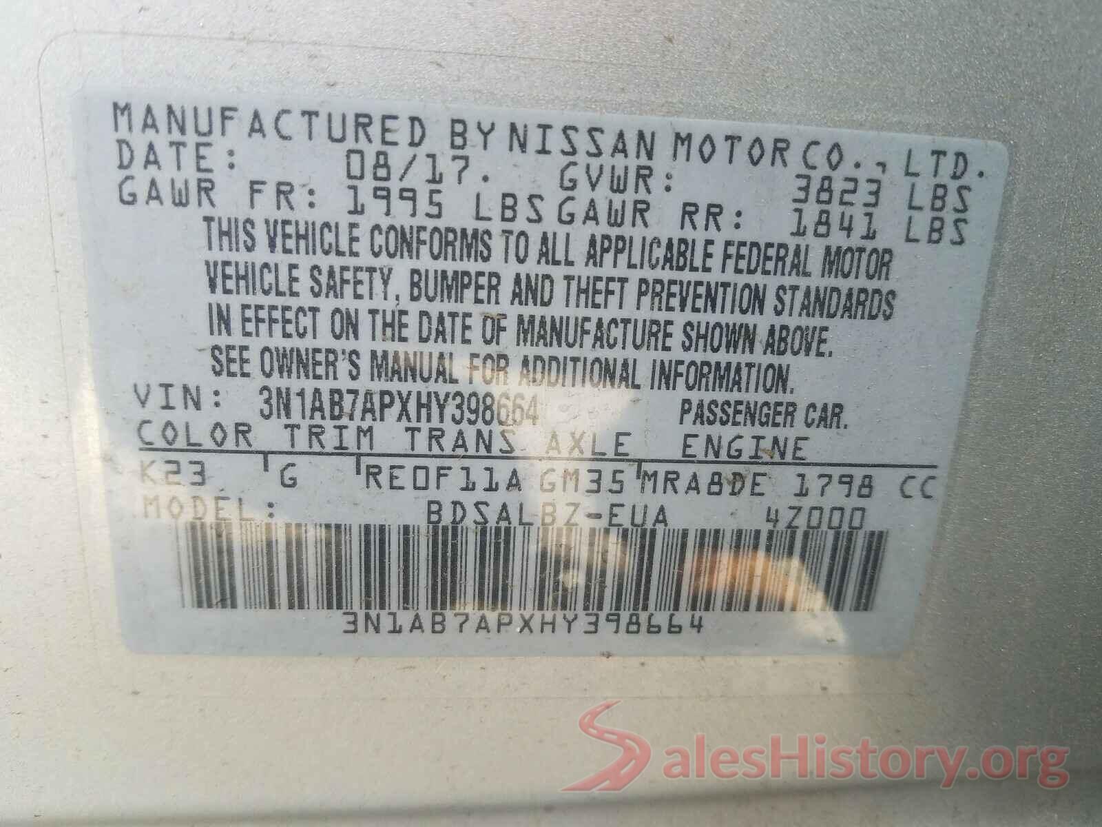 3N1AB7APXHY398664 2017 NISSAN SENTRA