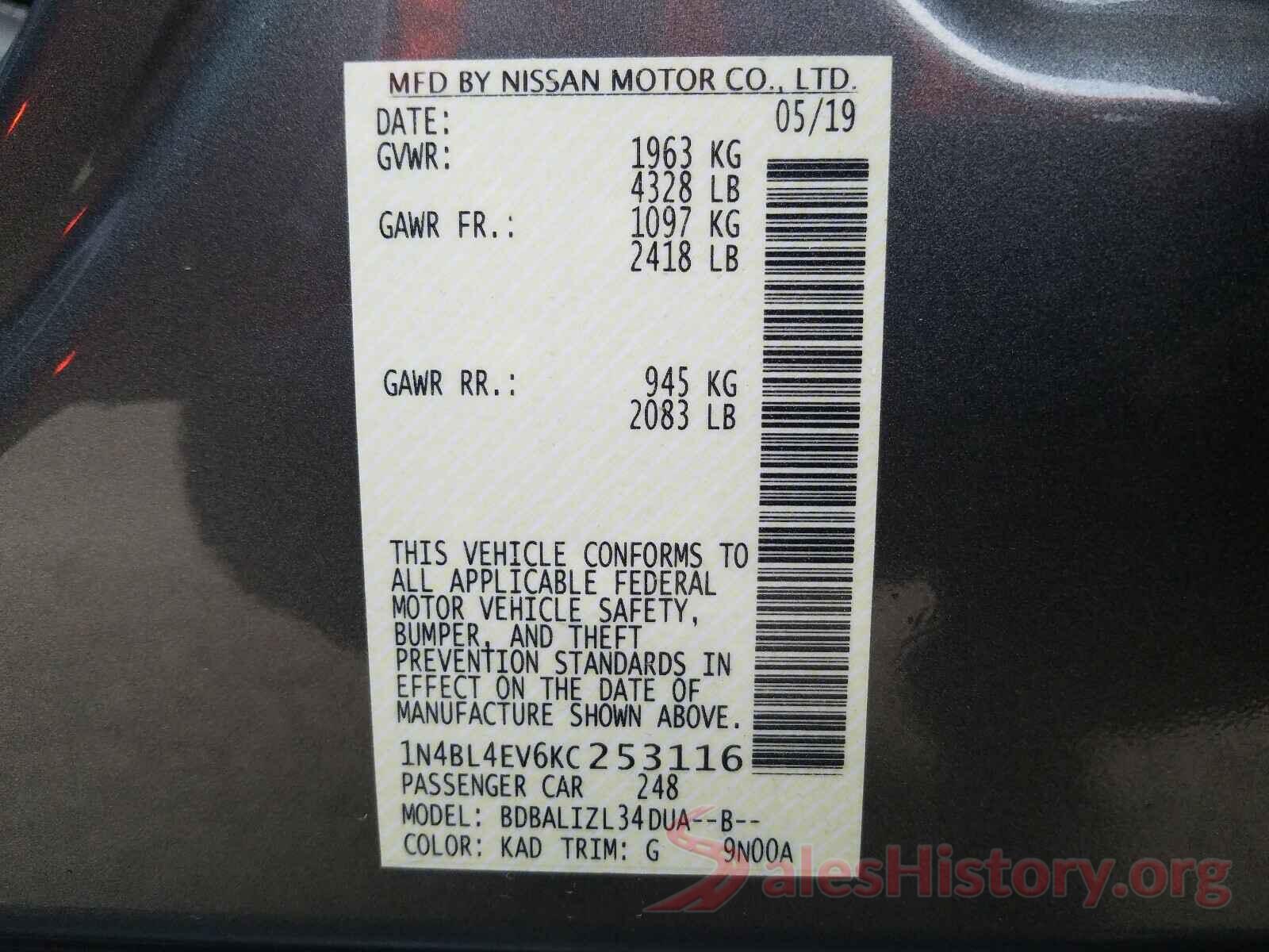 1N4BL4EV6KC253116 2019 NISSAN ALTIMA