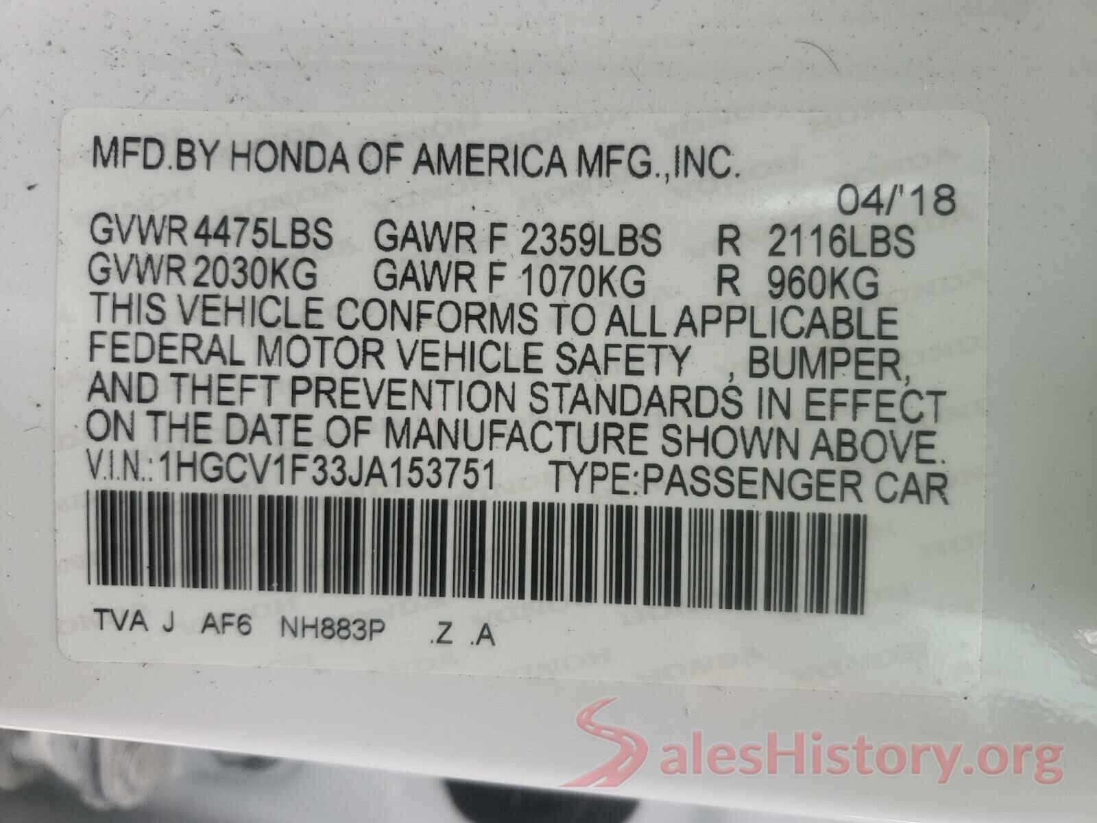 1HGCV1F33JA153751 2018 HONDA ACCORD