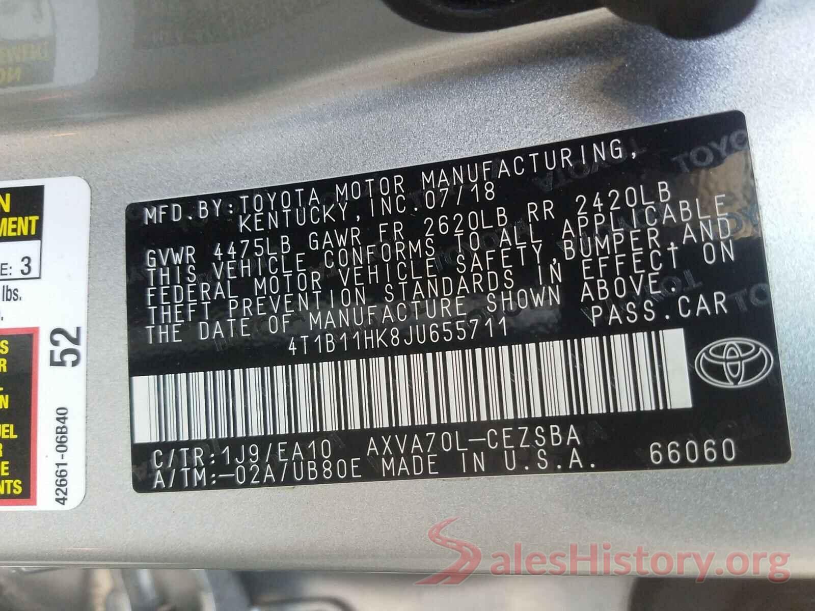 4T1B11HK8JU655711 2018 TOYOTA CAMRY