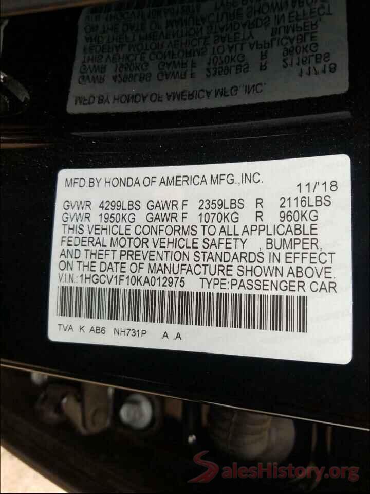 1HGCV1F10KA012975 2019 HONDA ACCORD