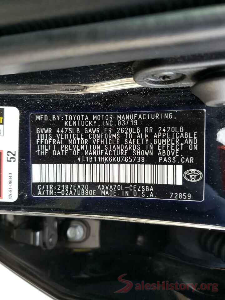 4T1B11HK6KU765738 2019 TOYOTA CAMRY