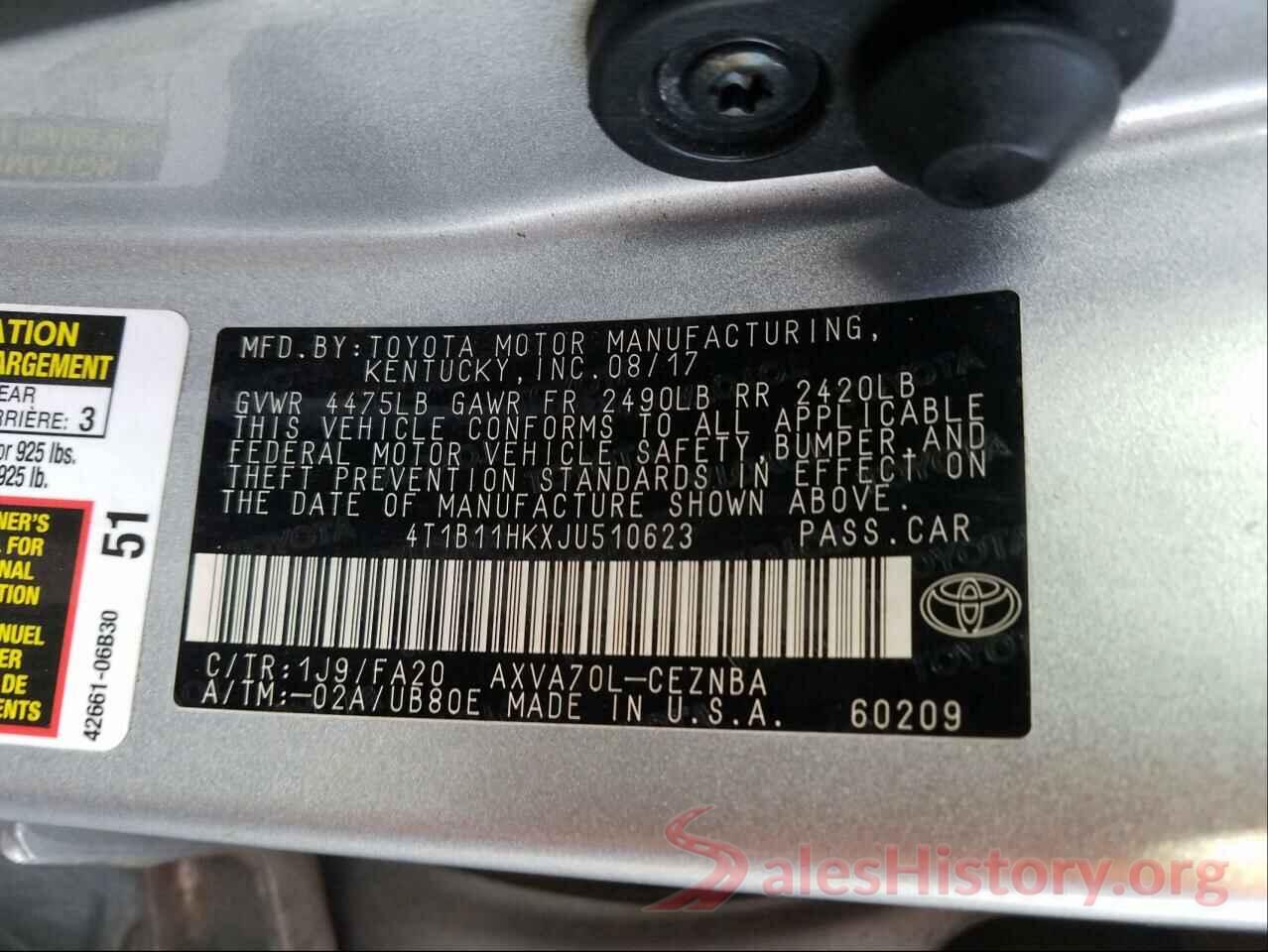 4T1B11HKXJU510623 2018 TOYOTA CAMRY