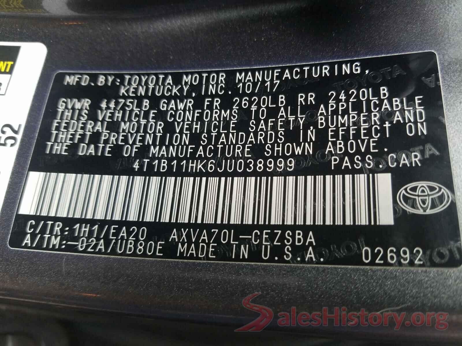 4T1B11HK6JU038999 2018 TOYOTA CAMRY