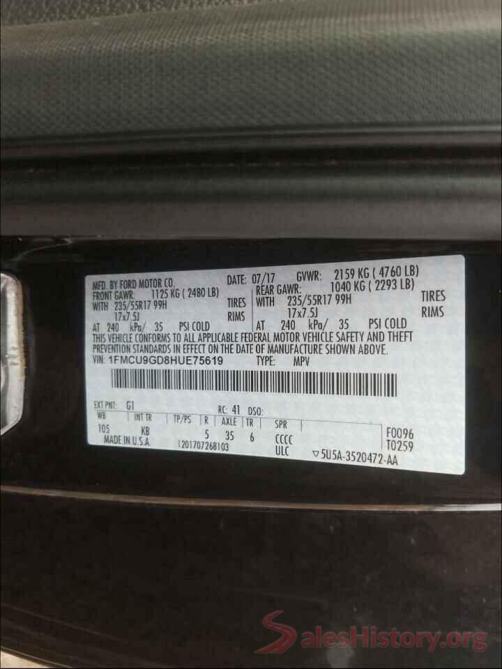 1FMCU9GD8HUE75619 2017 FORD ESCAPE