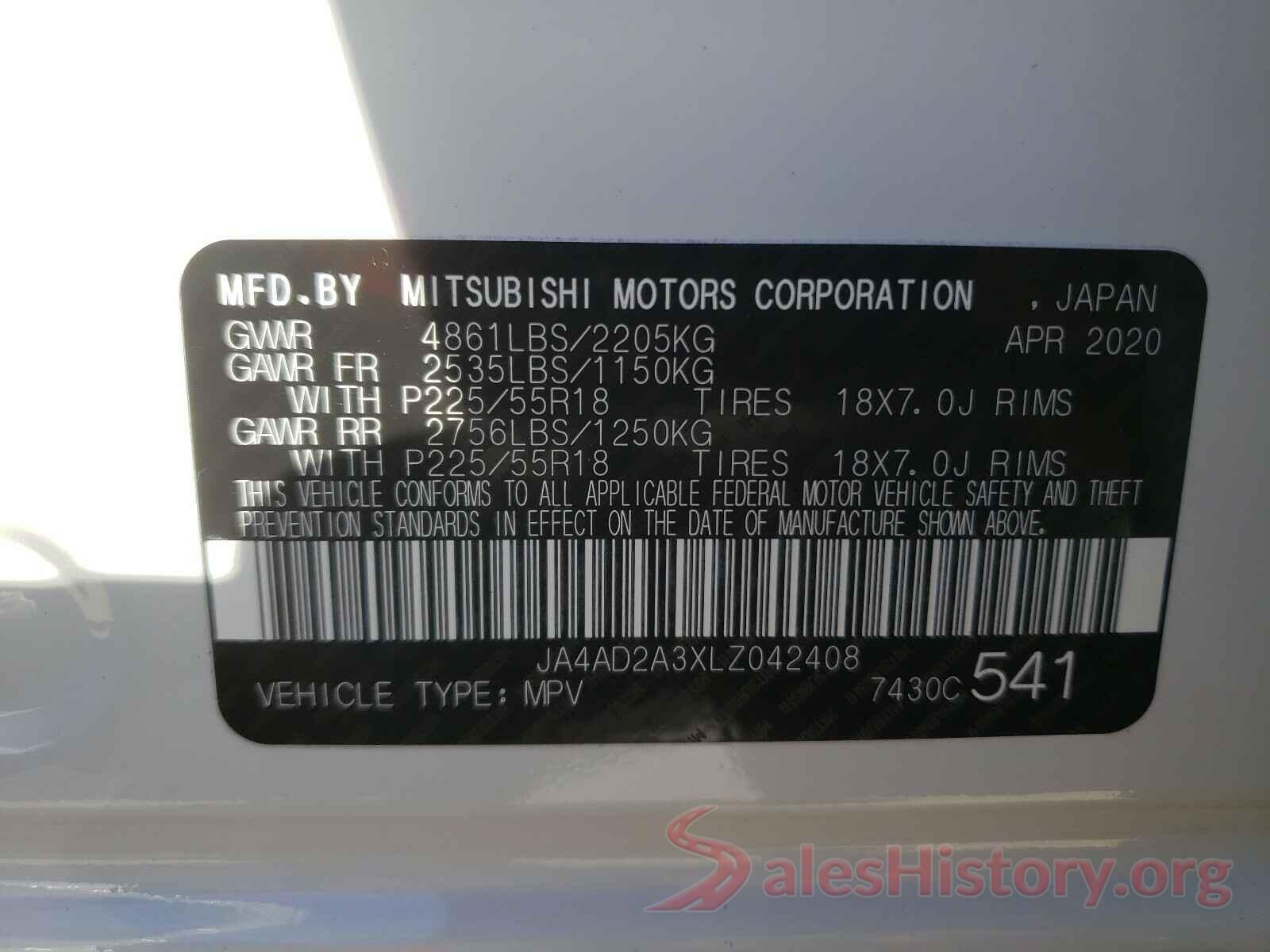 JA4AD2A3XLZ042408 2020 MITSUBISHI OUTLANDER