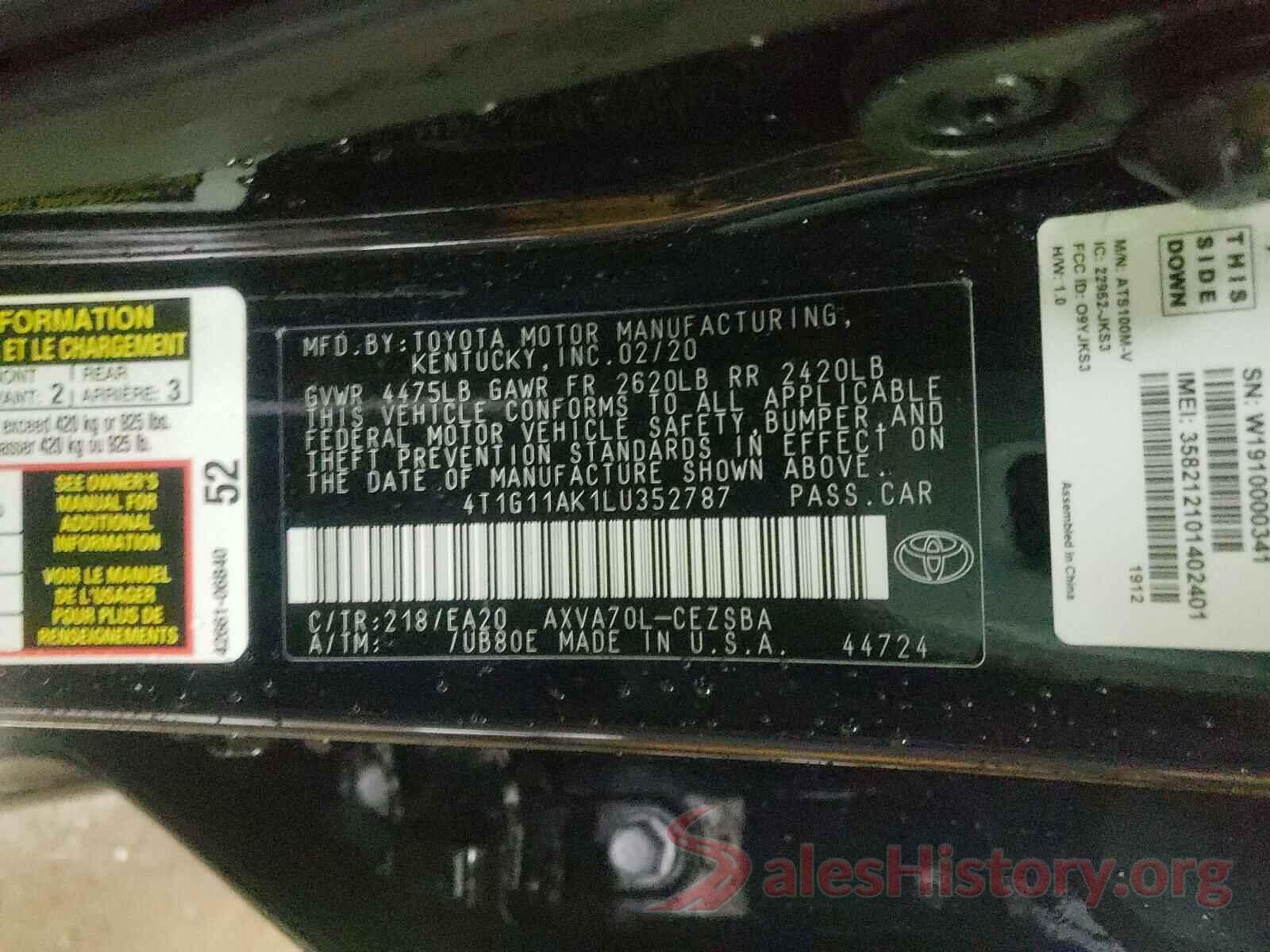 4T1G11AK1LU352787 2020 TOYOTA CAMRY