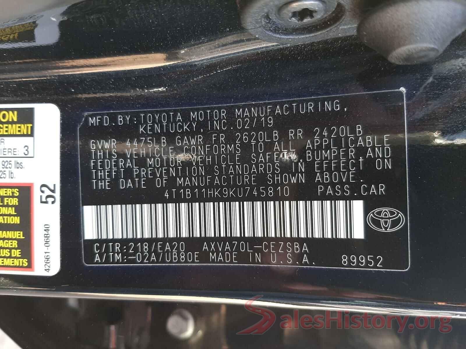 4T1B11HK9KU745810 2019 TOYOTA CAMRY