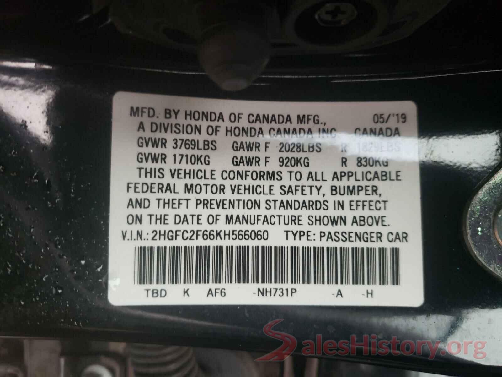 2HGFC2F66KH566060 2019 HONDA CIVIC