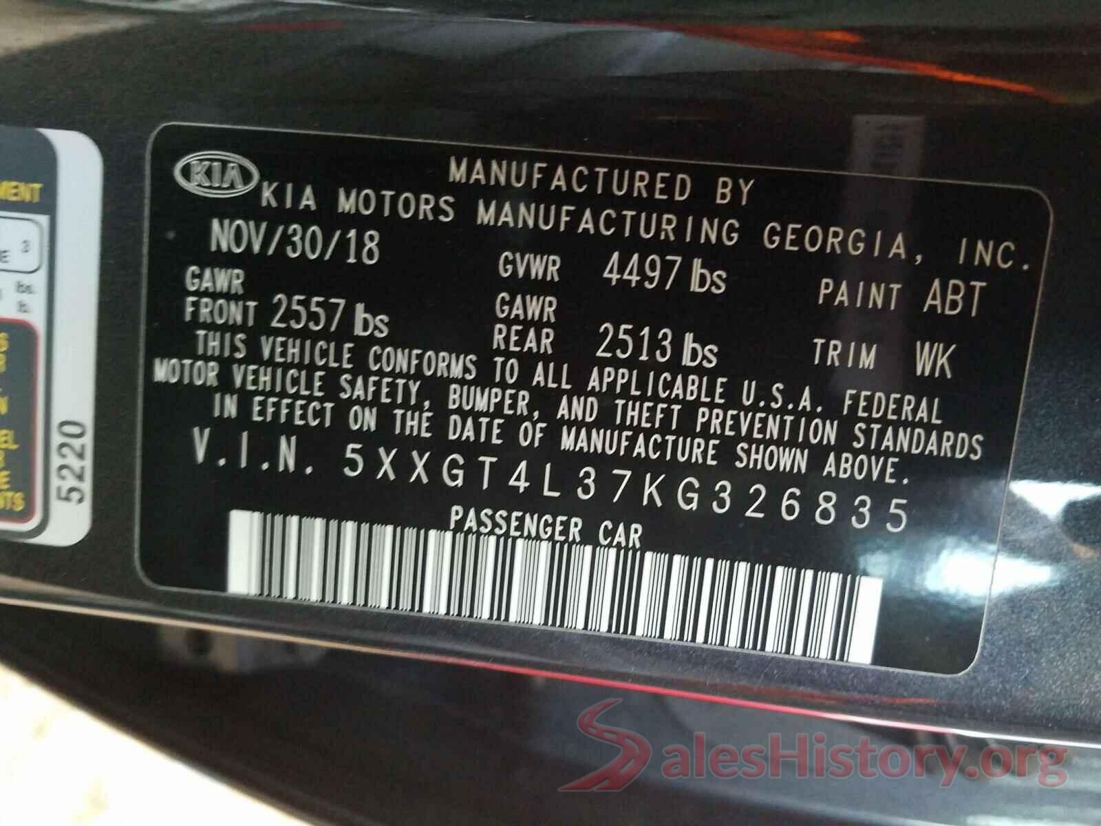 5XXGT4L37KG326835 2019 KIA OPTIMA