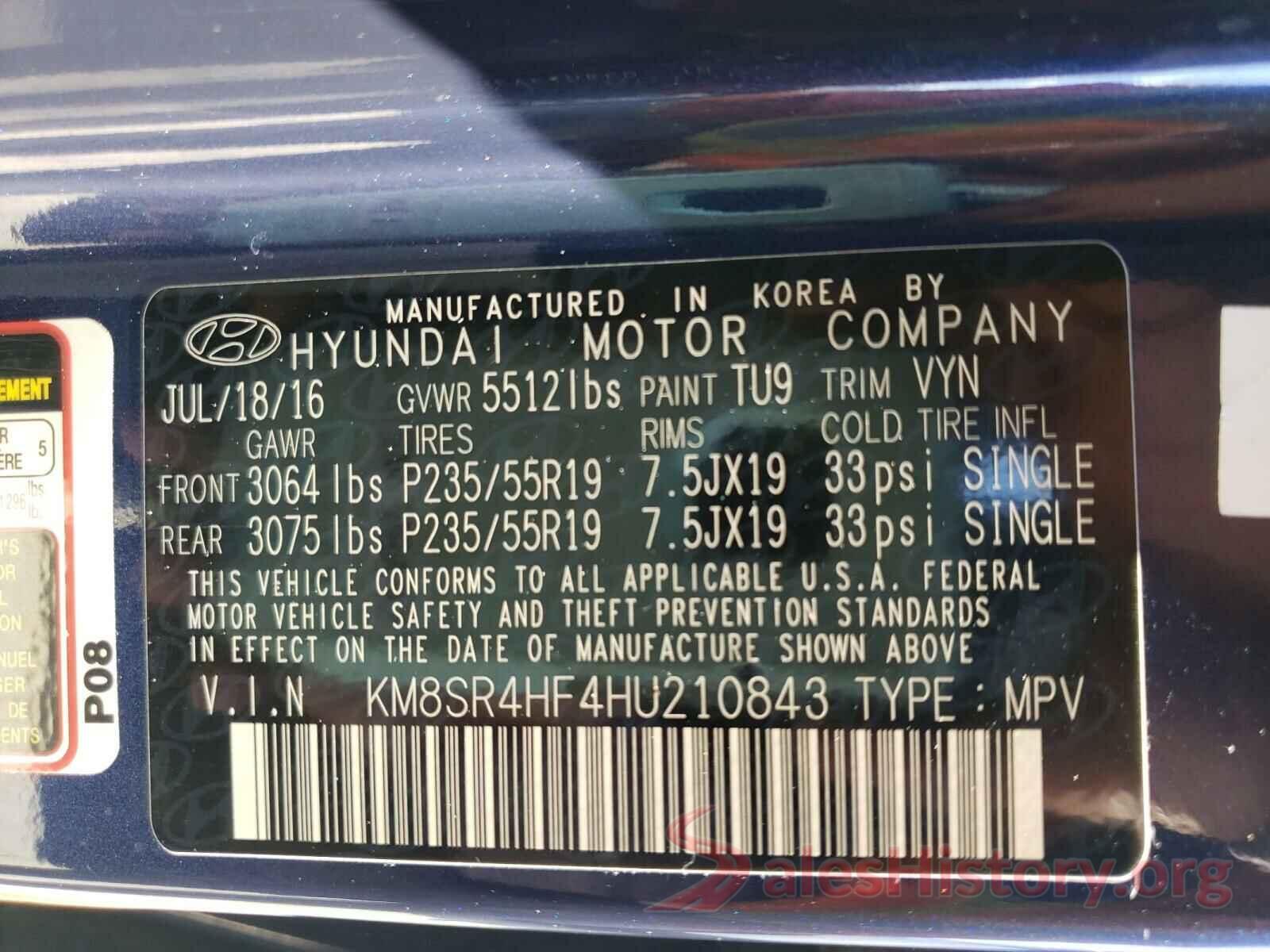 KM8SR4HF4HU210843 2017 HYUNDAI SANTA FE