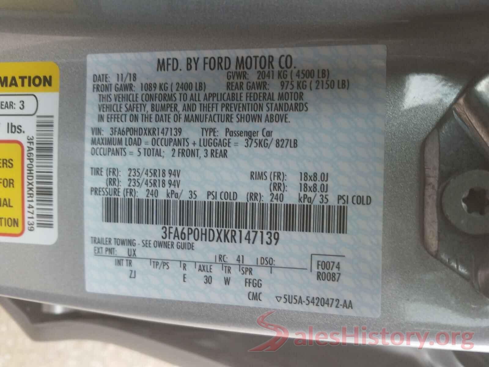 3FA6P0HDXKR147139 2019 FORD FUSION