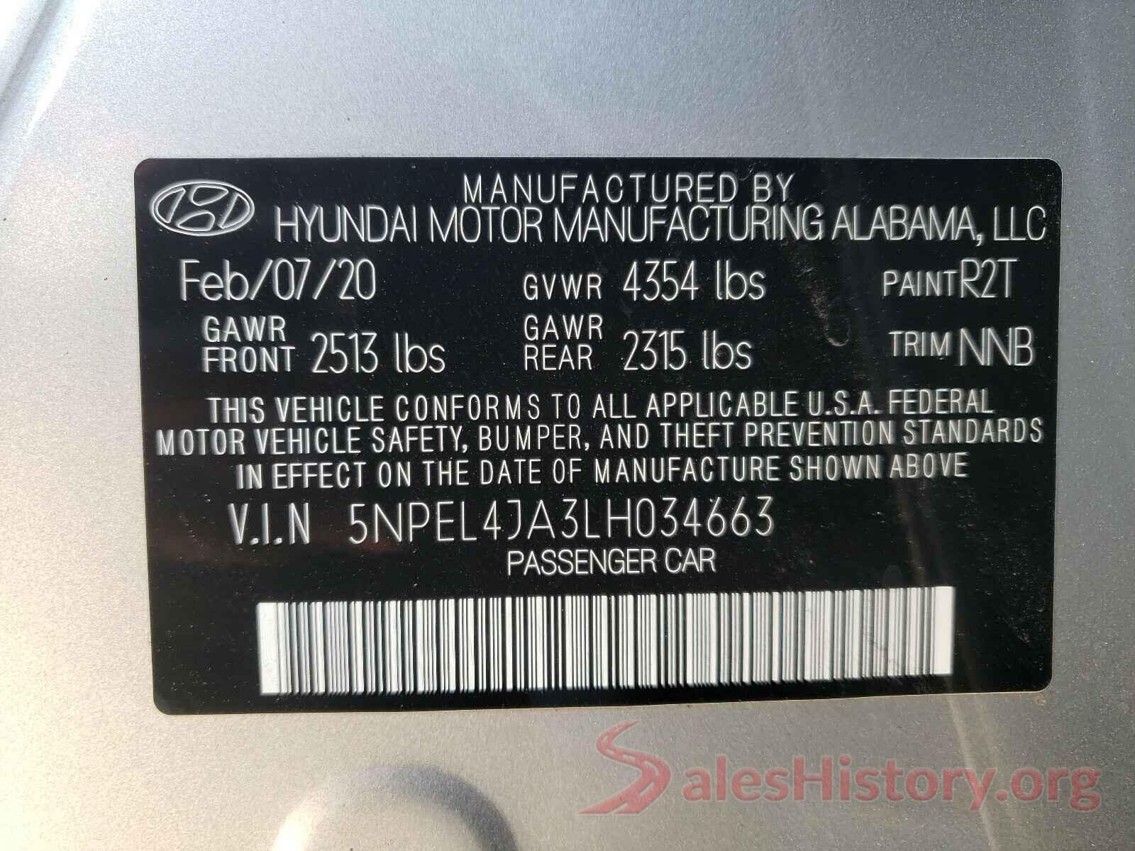 5NPEL4JA3LH034663 2020 HYUNDAI SONATA