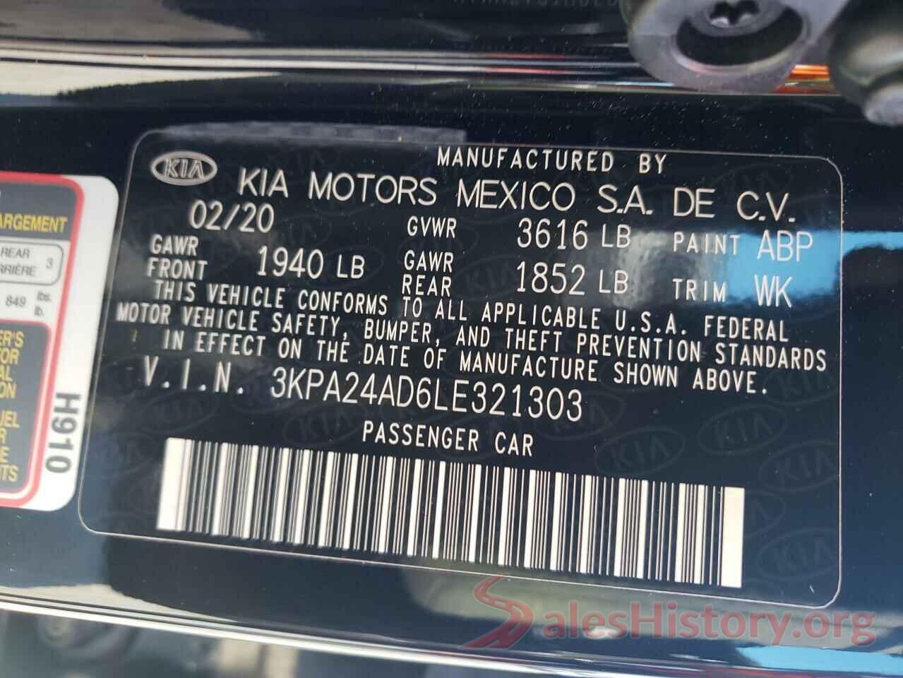 3KPA24AD6LE321303 2020 KIA RIO