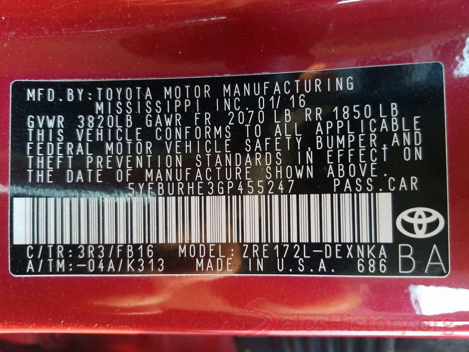 5YFBURHE3GP455247 2016 TOYOTA COROLLA