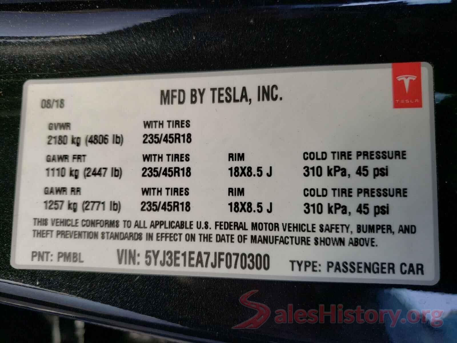 5YJ3E1EA7JF070300 2018 TESLA MODEL 3