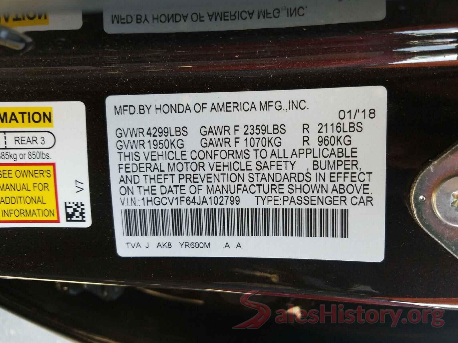 1HGCV1F64JA102799 2018 HONDA ACCORD