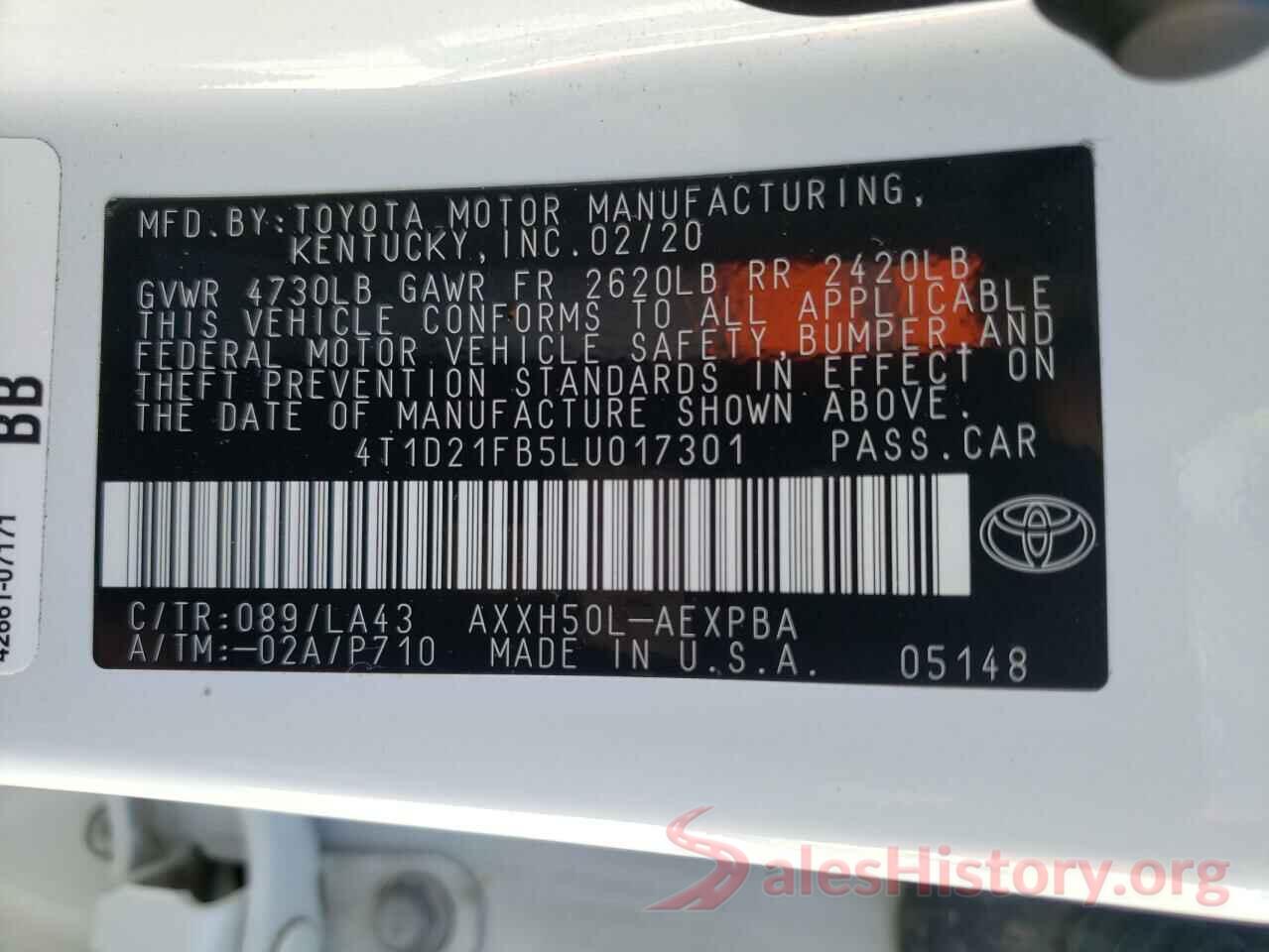 4T1D21FB5LU017301 2020 TOYOTA AVALON