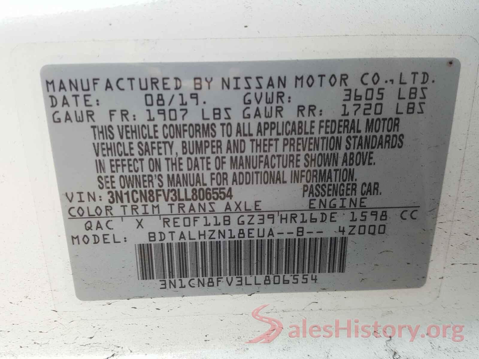 3N1CN8FV3LL806554 2020 NISSAN VERSA