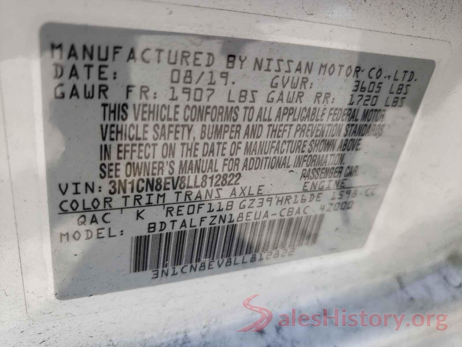 3N1CN8EV8LL812822 2020 NISSAN VERSA