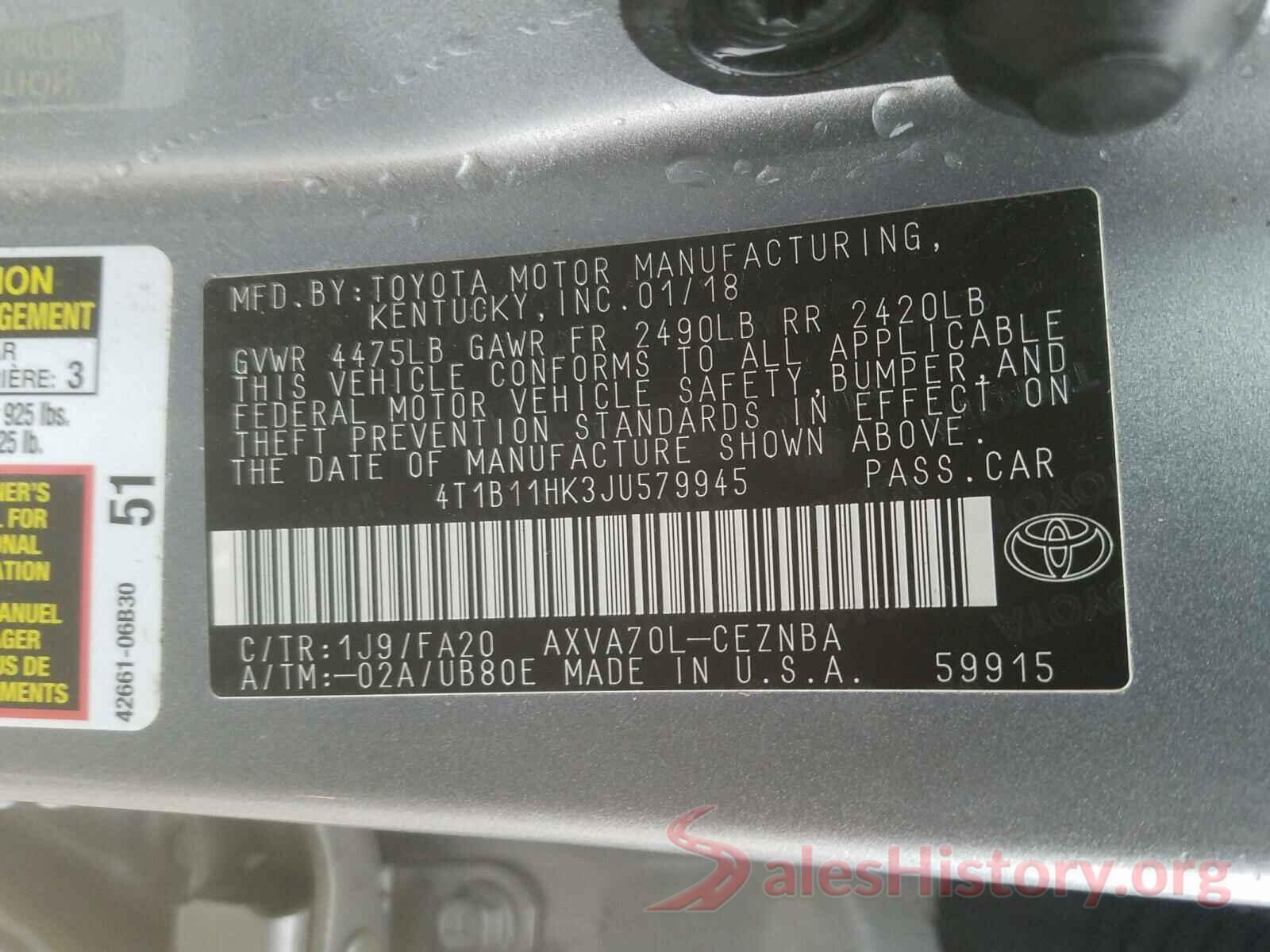 4T1B11HK3JU579945 2018 TOYOTA CAMRY