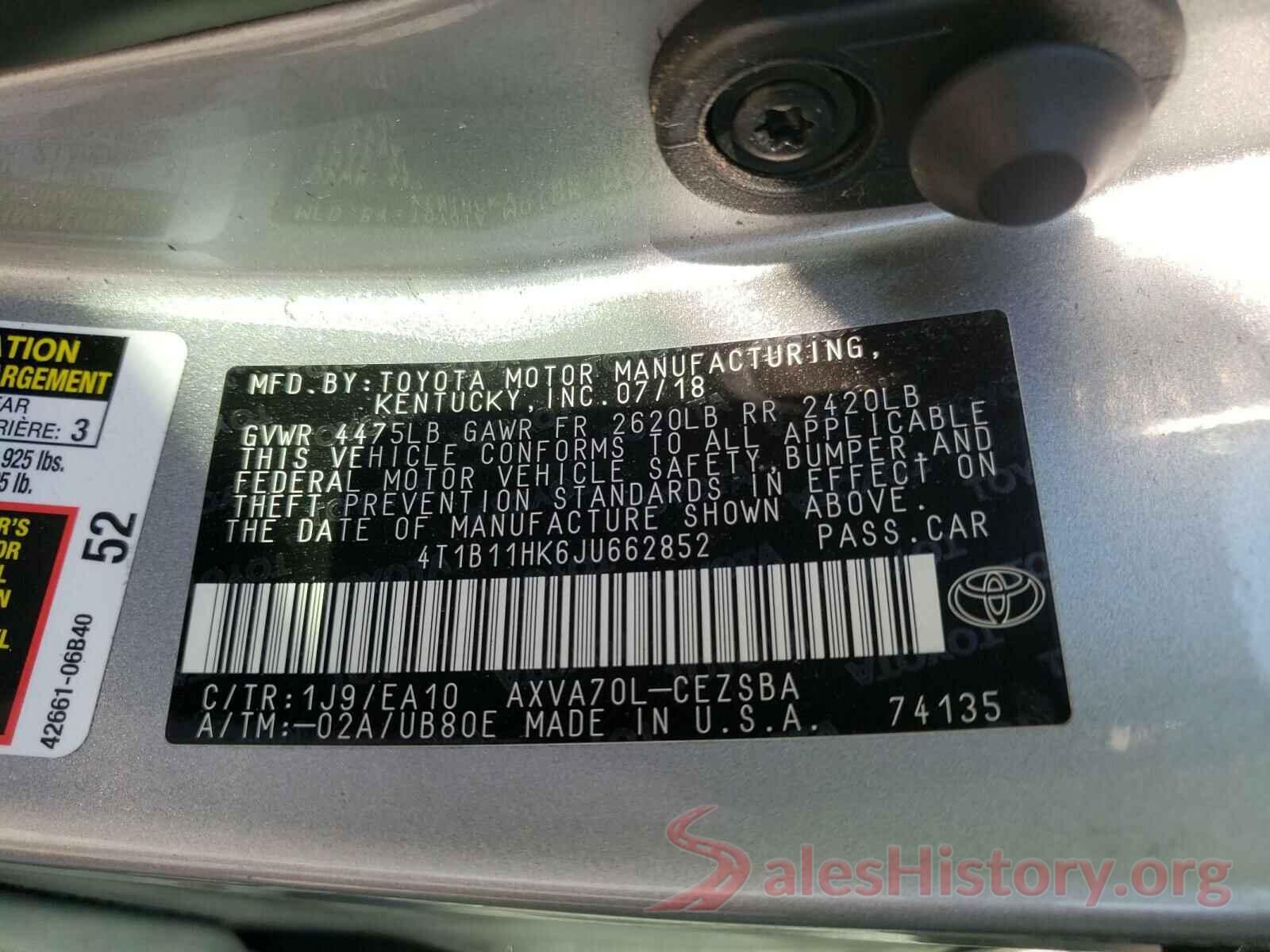 4T1B11HK6JU662852 2018 TOYOTA CAMRY