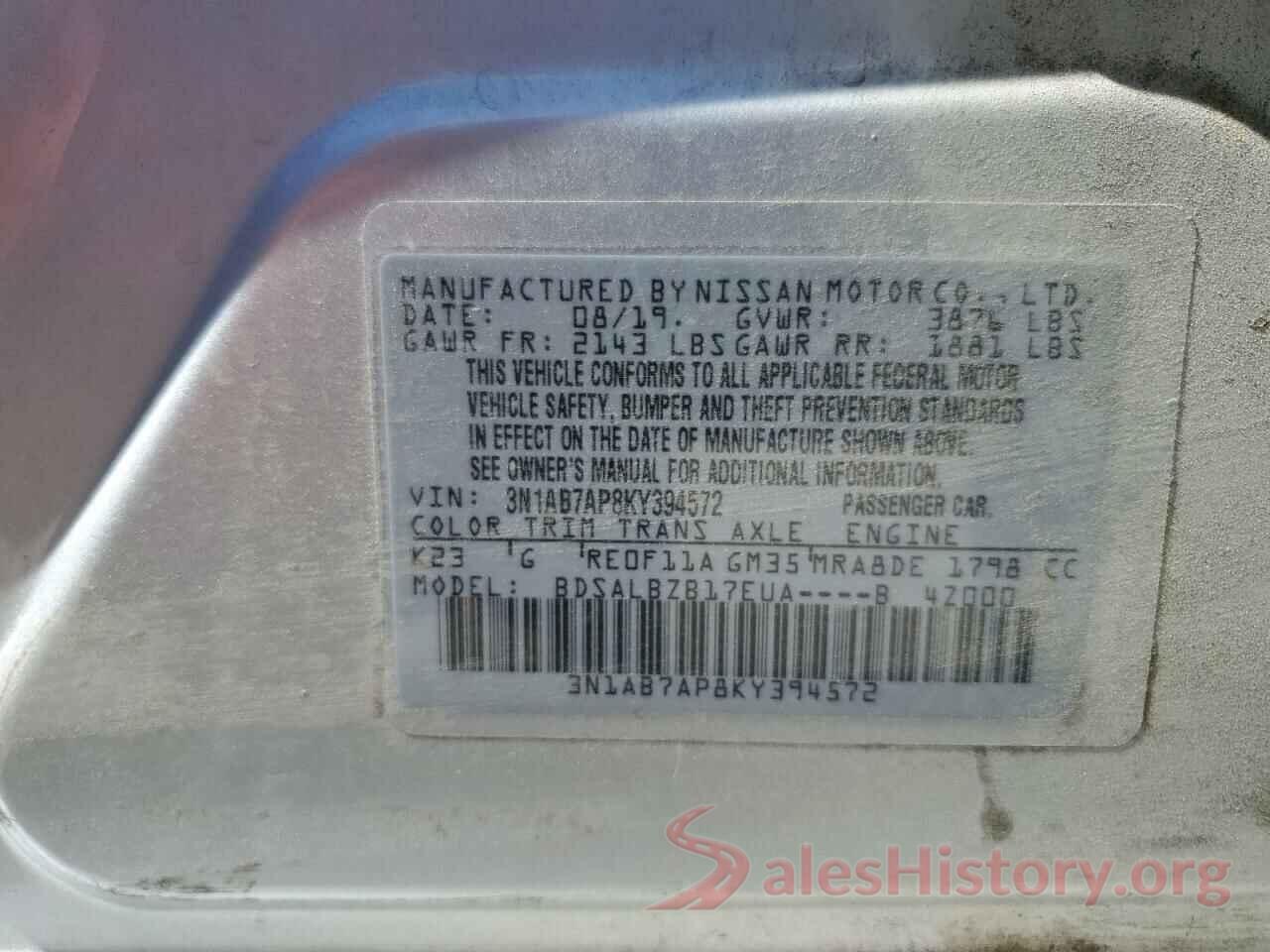 3N1AB7AP8KY394572 2019 NISSAN SENTRA